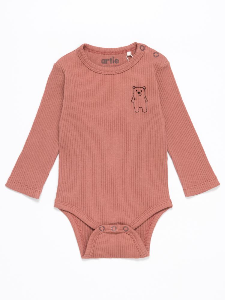 Ribbed Chestnut Baby Bodysuit With Bear Embroidery - Bear Boo!