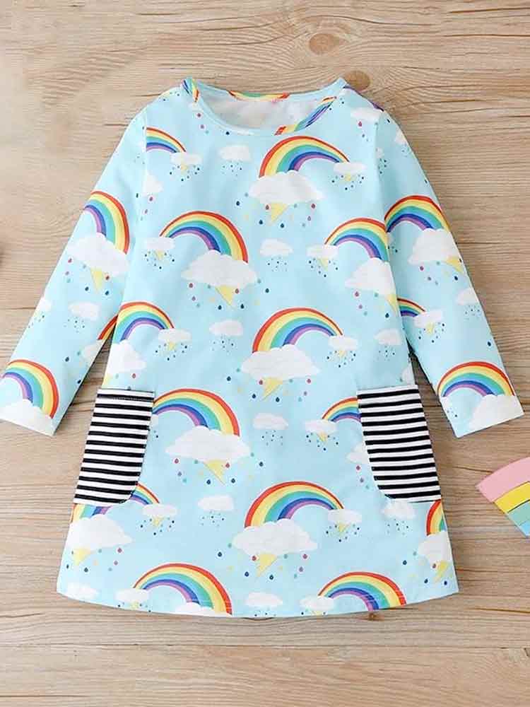 Rainbow Print Girls Dress Sky Blue 18 months to 6 Years