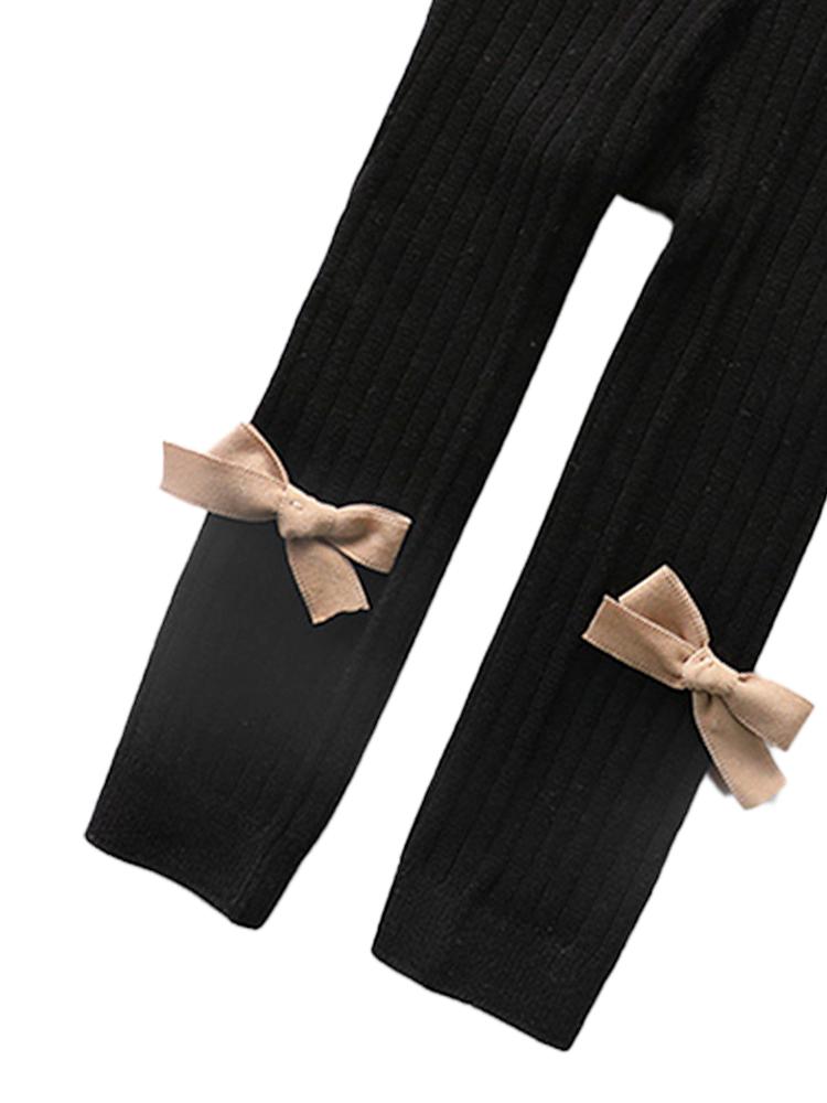 Black Ribbon Bow Ribbed Footless Girls Tights/ Leggings