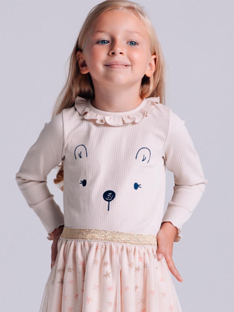 Artie - Princess Bear - Ribbed Pale Pink Long Sleeve Embroidered Top with Ruffled Neck from 12M to 4Y - Stylemykid.com